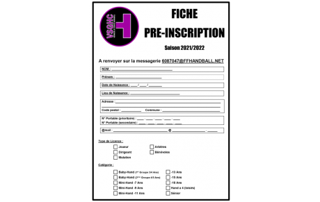 Fiche de pré-inscription Saison 2021-2022